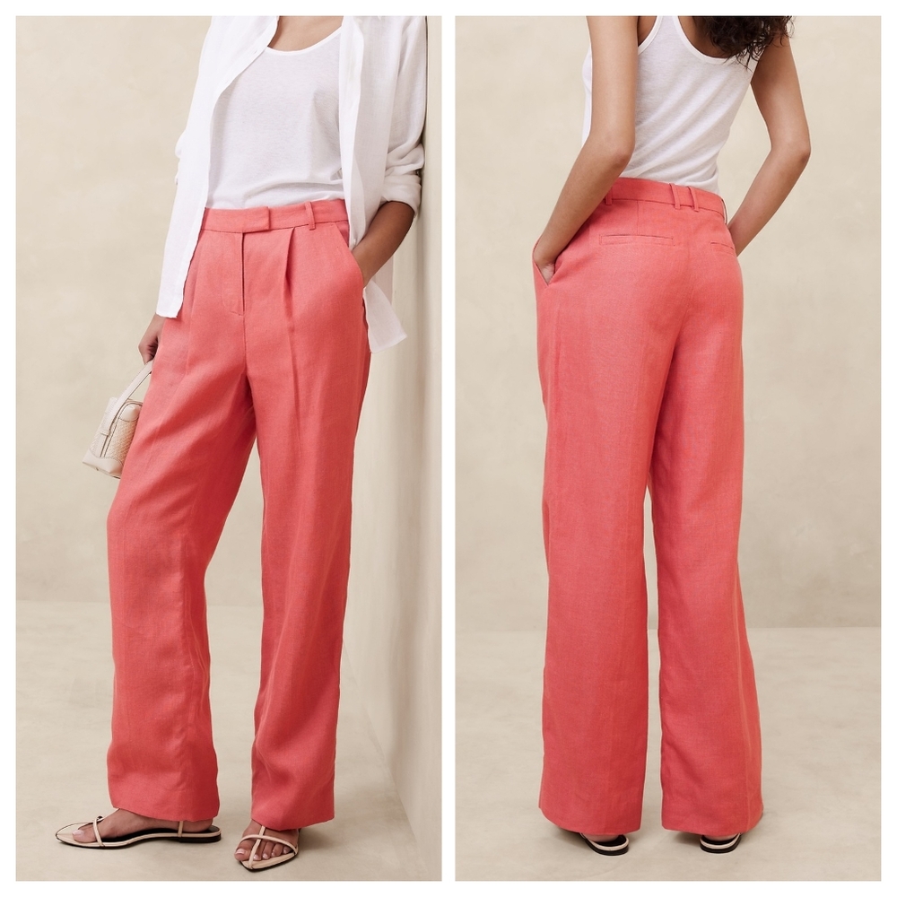 Banana Republic Coral-Red Wide-Leg Linen-Blend Pants